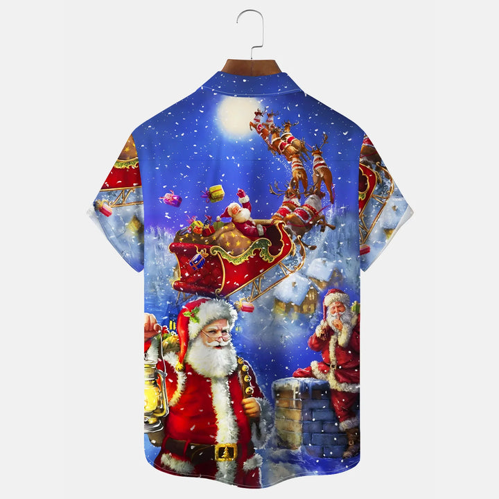 Christmas Santa Print Chest Pocket Hawaiian Shirt