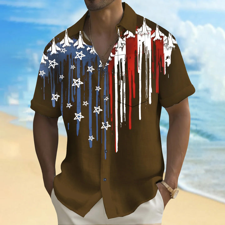 Airplane Flag Print Bamboo Hemp Large Size Short Sleeve Shirt