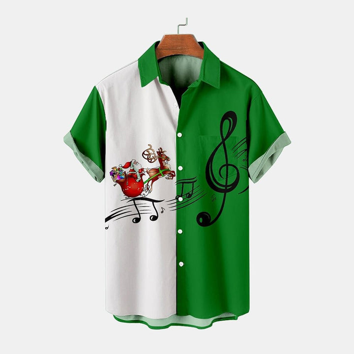 Men's Christmas Casual Contrast Santa Claus Music Print Shirt