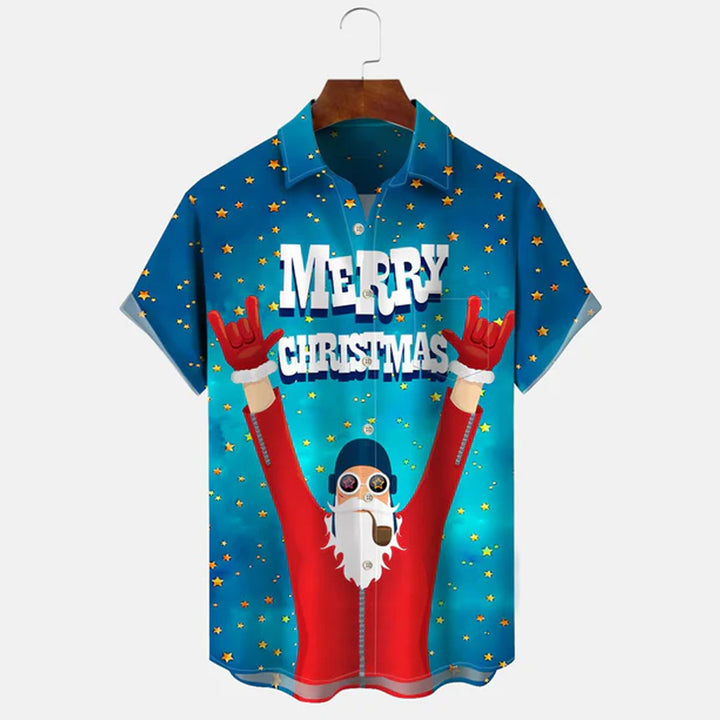 Merry Christmas Button Pocket Casual Short Sleeve Shirt