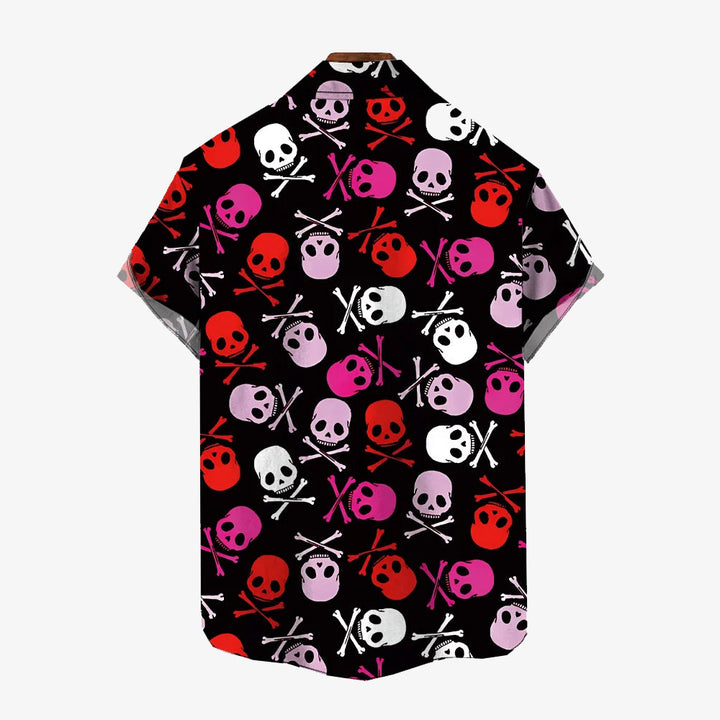 Pink Skull Print Oversized Bamboo Linen Short Sleeve Shirt
