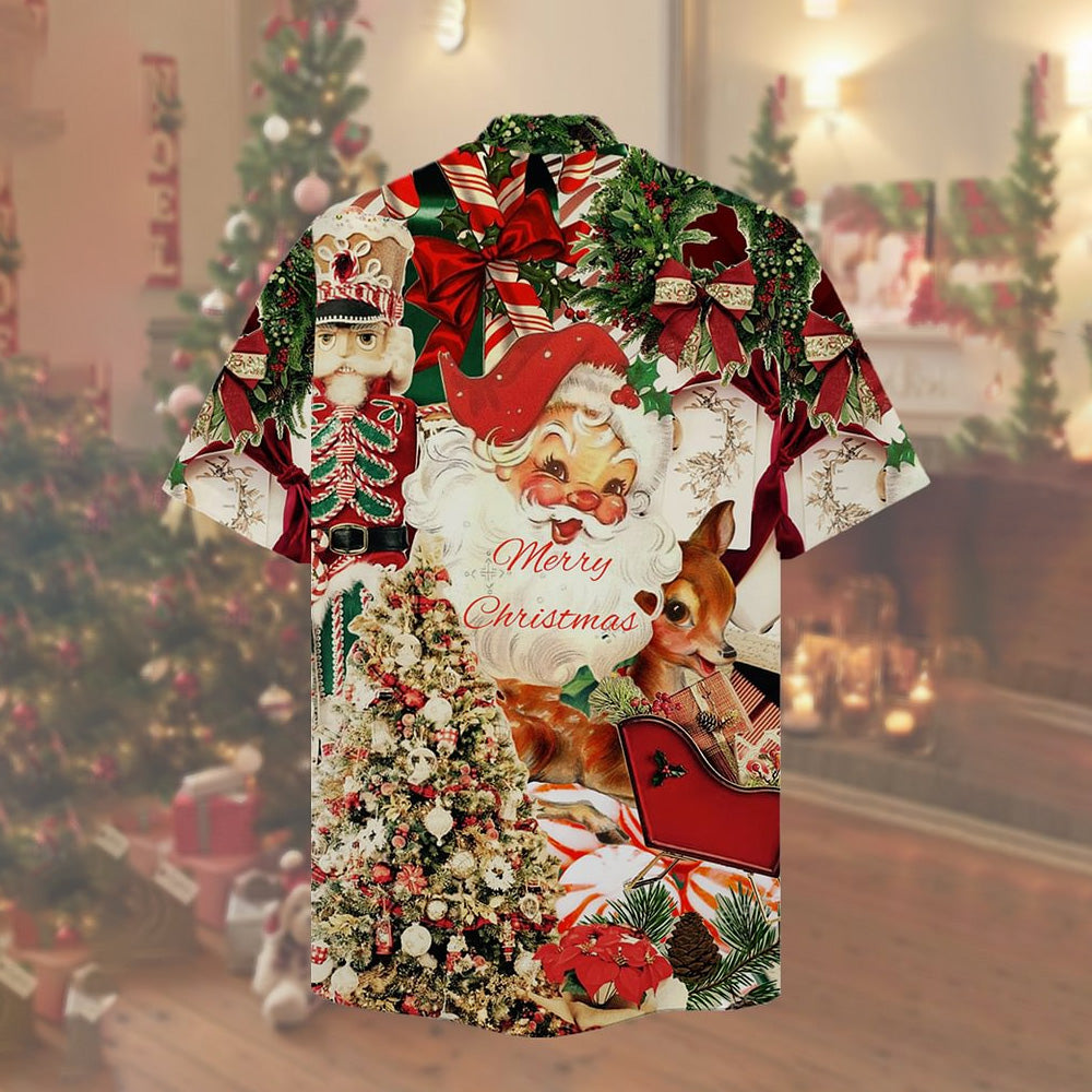 Vintage Christmas Poster Print Cuban Collar Short Sleeve Shirt