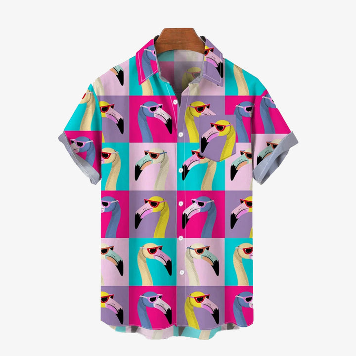 Colorblock Flamingo Print Slub Linen Short Sleeve Shirt