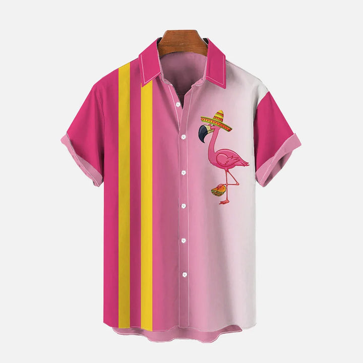 Flamingo Stripe Print Casual Short Sleeve Shirt