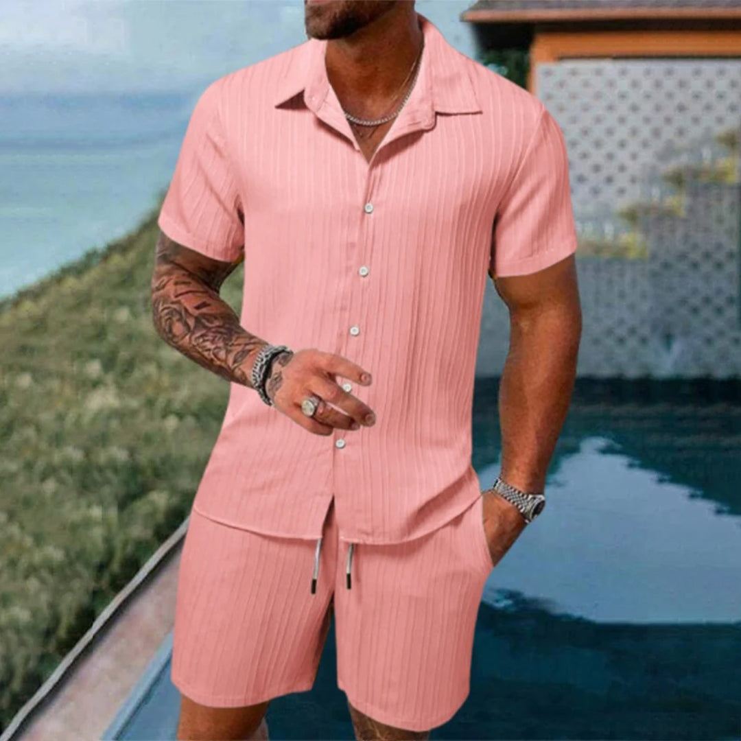 Men's Solid Color Textured Fabric Short-Sleeved Shirt Suit 240502863