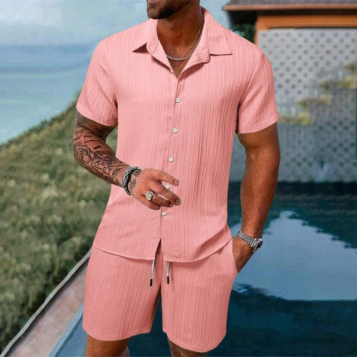 Men's Solid Color Textured Fabric Short-Sleeved Shirt Suit 240502863