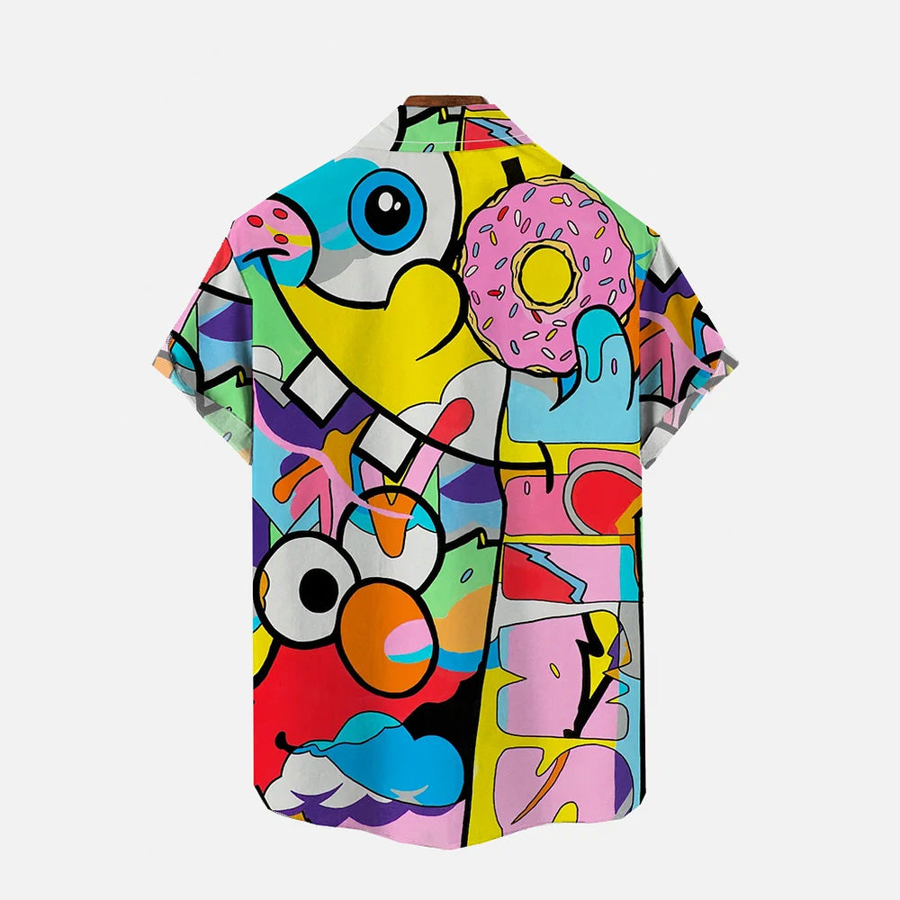 Colorful Blocks And Cartoon Donut Short-Sleeved Shirt