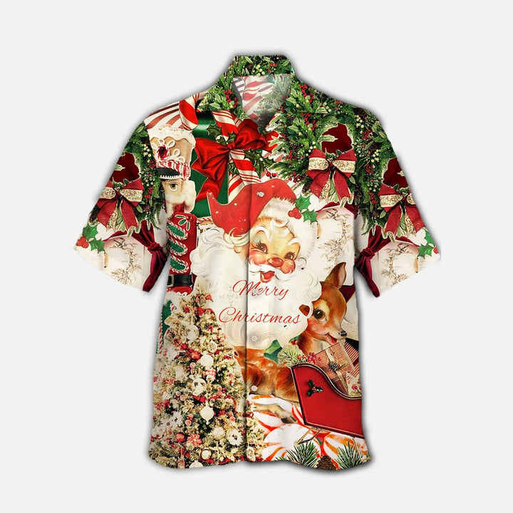 Vintage Christmas Poster Print Cuban Collar Short Sleeve Shirt