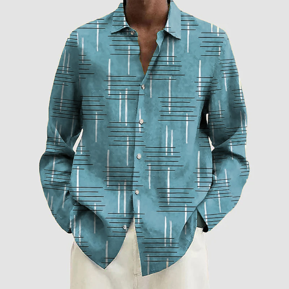 Retro Geometry Lines Print Long Sleeve Hawaiian Shirt