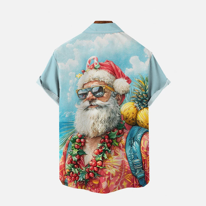 Vintage Hawaiian Santa Poster Printing Short Sleeve Shirt