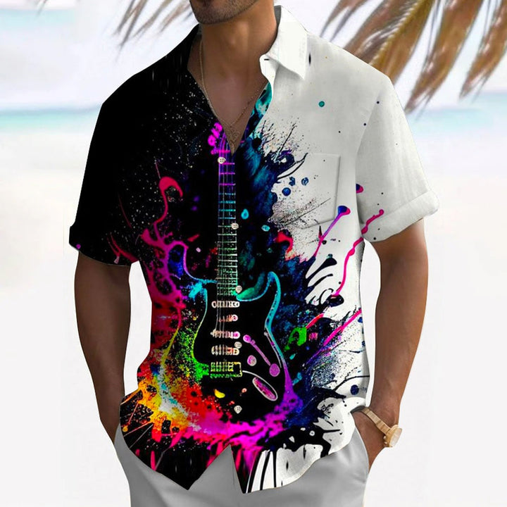 Music Guitar Print Oversized Shirt Bamboo Linen Short Sleeve Shirt 2406001094