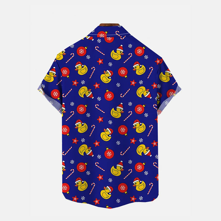 Christmas Cartoon Rubber Duck And Candy Canes Printing Breast Pocket Short Sleeve Shirt