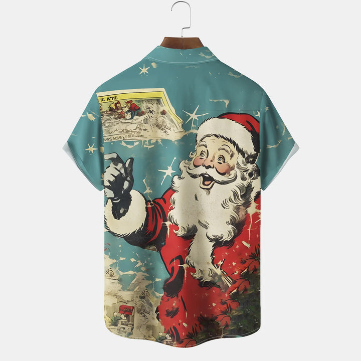 Christmas Men's Santa Print Breast Pocket Hawaiian Shirt