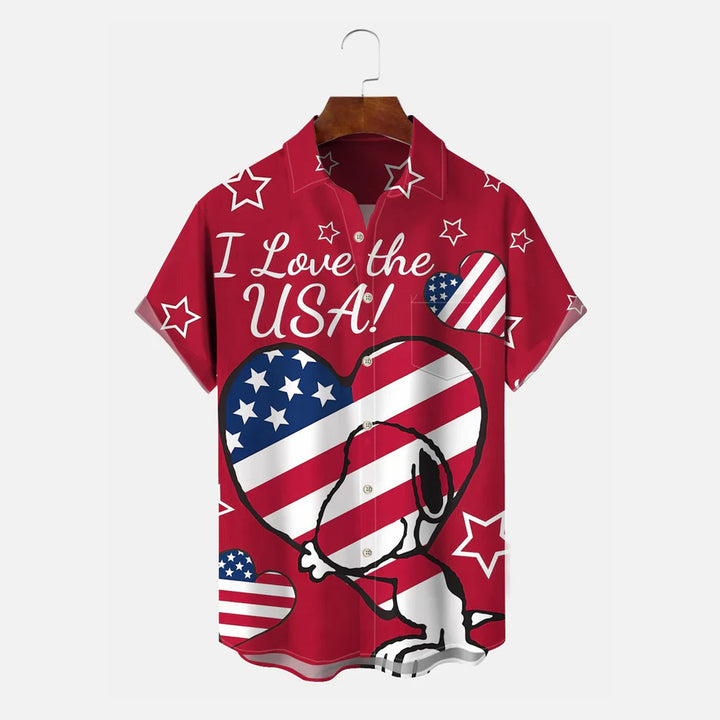 Flag Cartoon Love Button Pocket Casual Short Sleeve Shirt