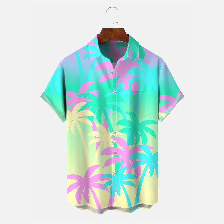 Coconut Tree Gradient Button Pocket Casual Short Sleeve Shirt