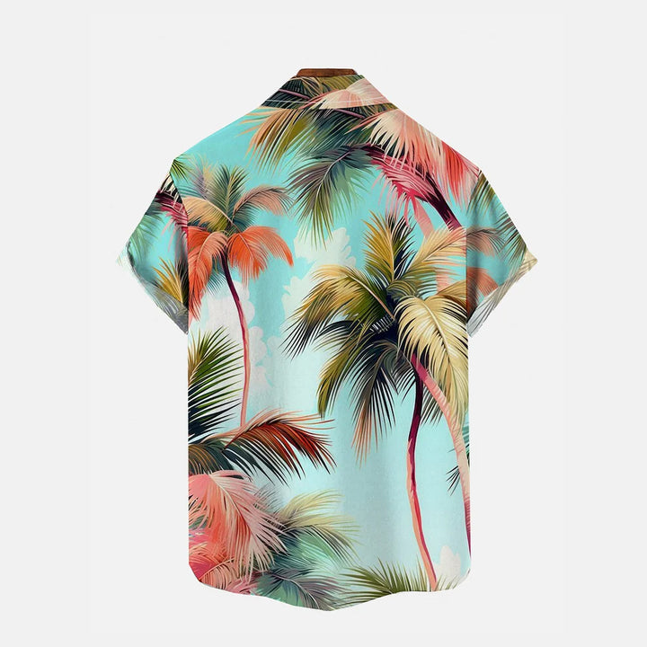 Hawaii Fresh And Colorful Coconut Trees Printing Breast Pocket Short Sleeve Shirt