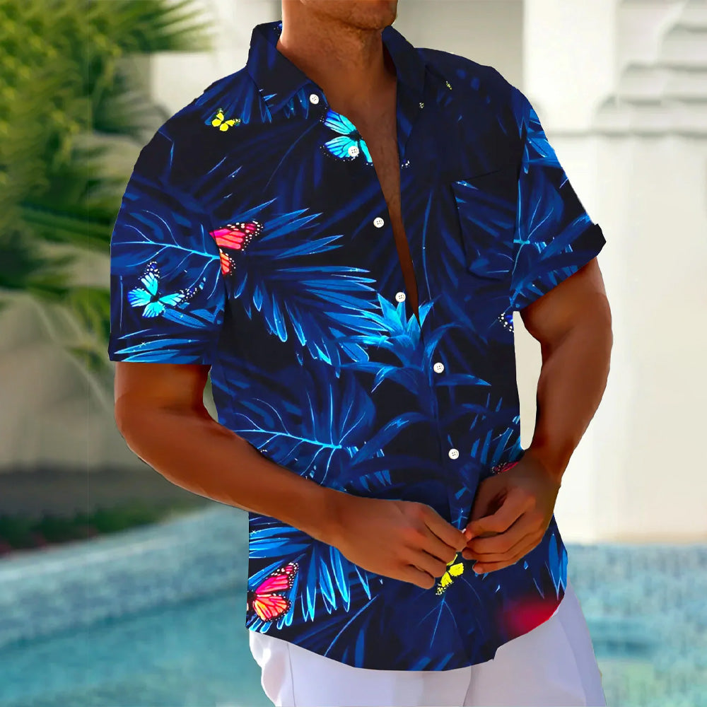 Hawaiian Butterfly Flora Print Oversized Short Sleeve Shirt