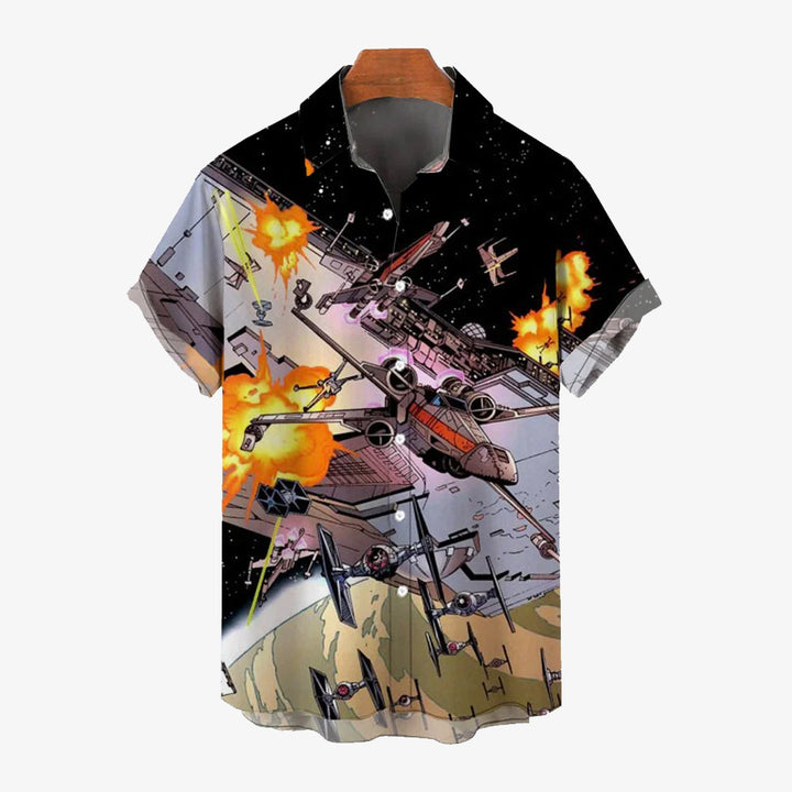 Mysterious Planet Printed Large Size Bamboo Linen Short Sleeve Shirt