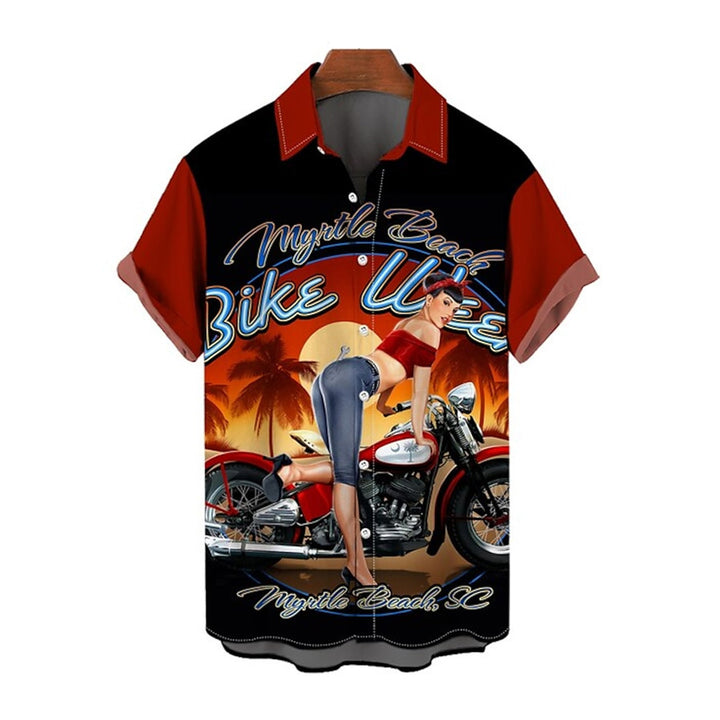 Men's Motorcycle Beauty Print Large Size Short Sleeve Shirt 2406001751