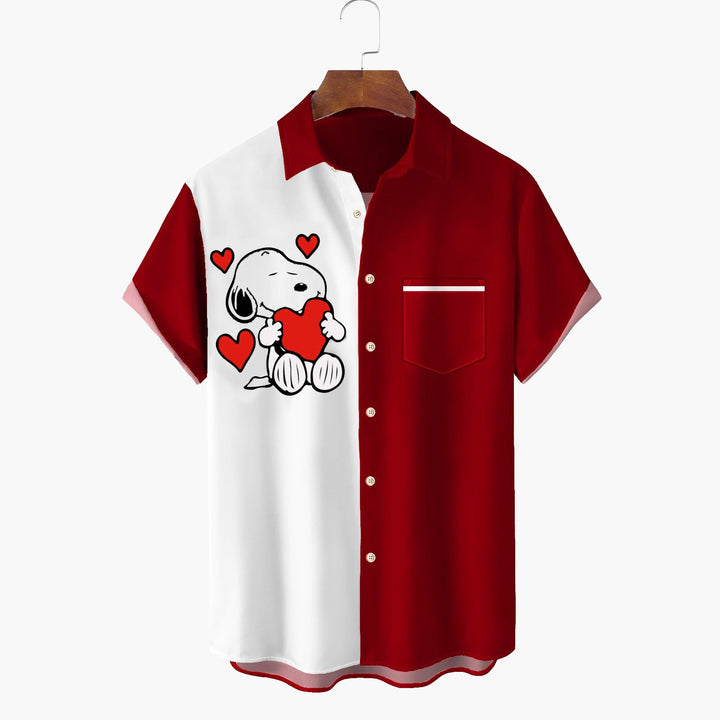 Valentine's Day Cartoon Fun Print Love Heart Print Men's Button Pocket Short Sleeve Shirt