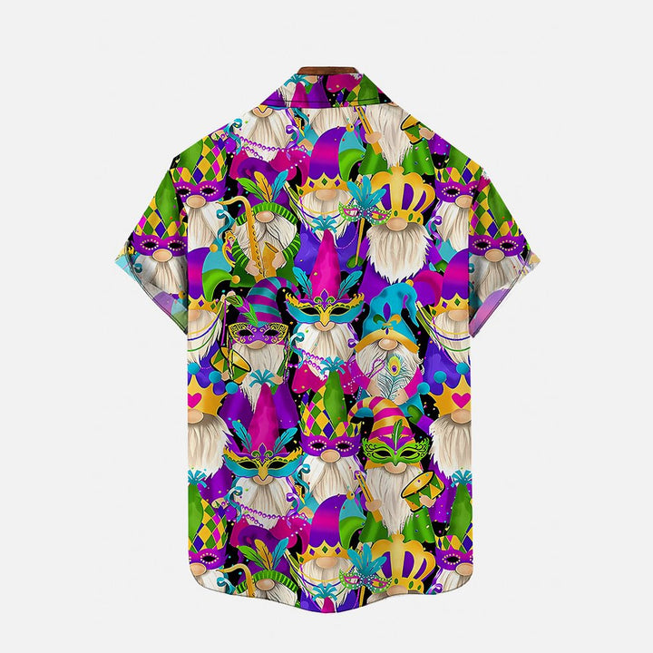 Colorful Mardi Gras Carnival Gnomes Printing Breast Pocket Short Sleeve Shirt