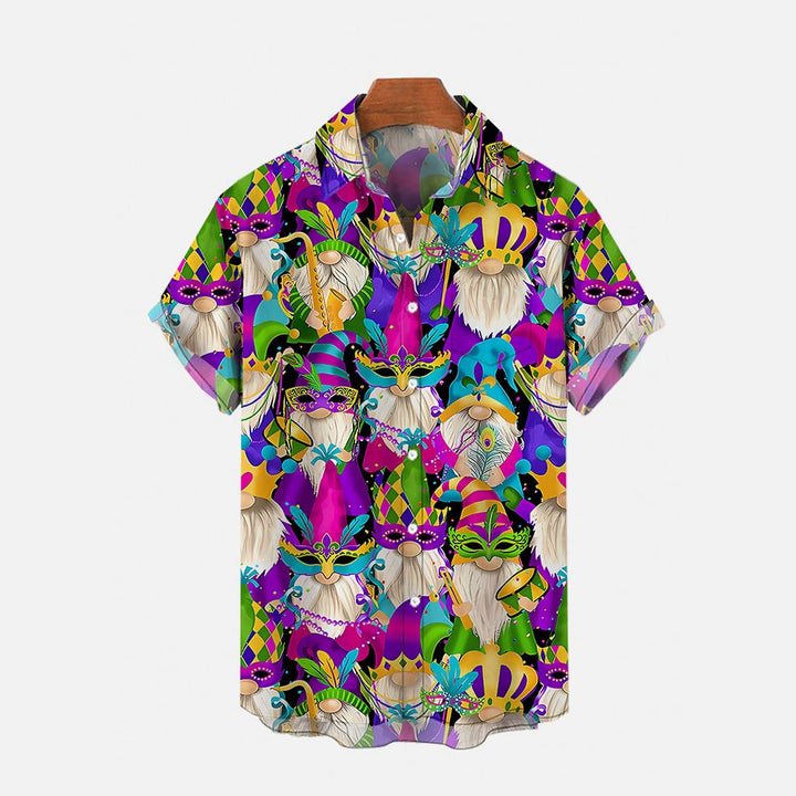 Colorful Mardi Gras Carnival Gnomes Printing Breast Pocket Short Sleeve Shirt