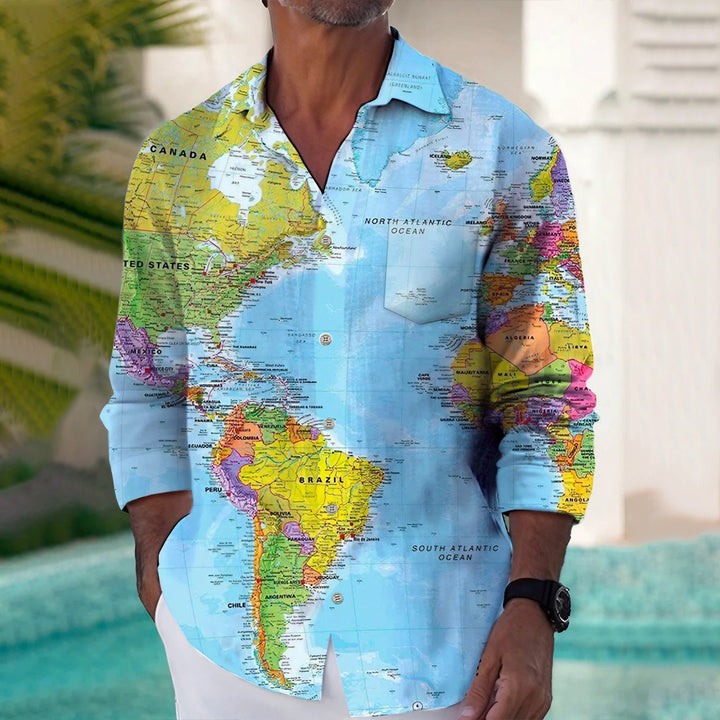 Vintage Map Multicolor Long-Sleeved Shirt