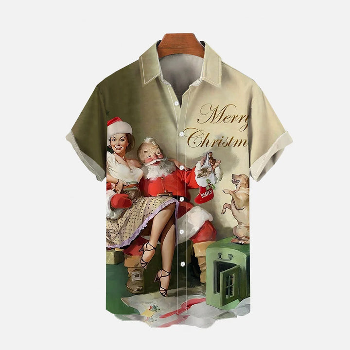 Vintage Poster Christmas Beauty Pet Family Printing Short Sleeve Shirt