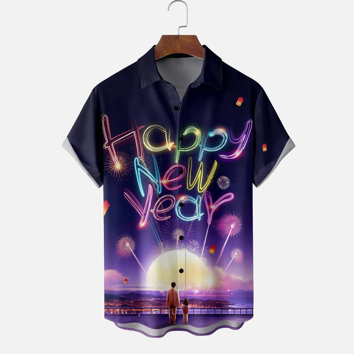 Happy New Year Print Pocket Short Sleeve Shirt