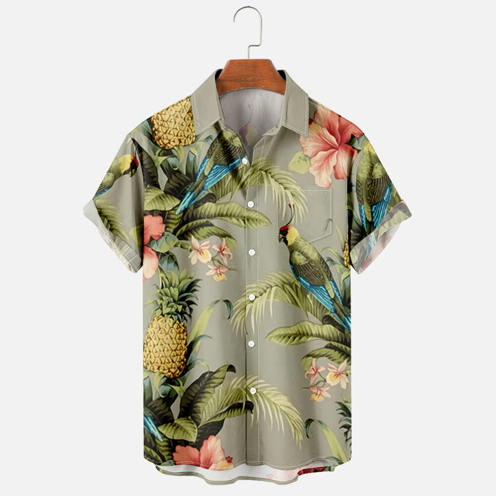 Mens Parrots Tropical Print Lapel Casual Loose Short Sleeve Hawaiian Shirt