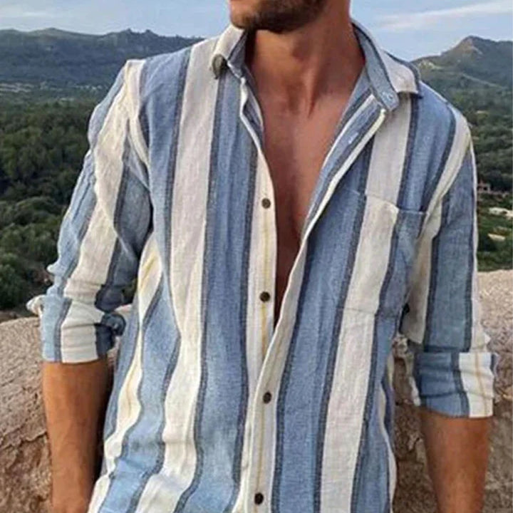 Basic Striped Print Chest Pocket Stretch Long Sleeve Shirt Big Tall