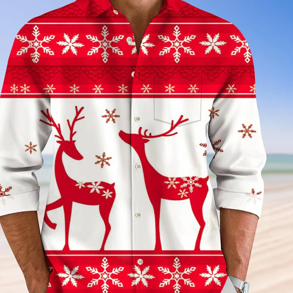 Christmas Elk Button Pocket Casual Long Sleeve Shirt