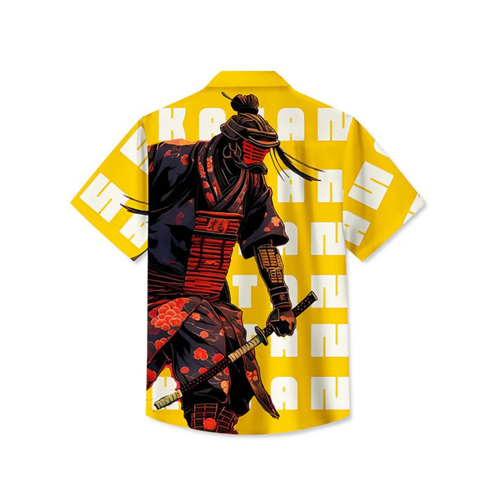 Men's Japanese Samurai Letter Print Casual Breathable Short Sleeve Shirt
