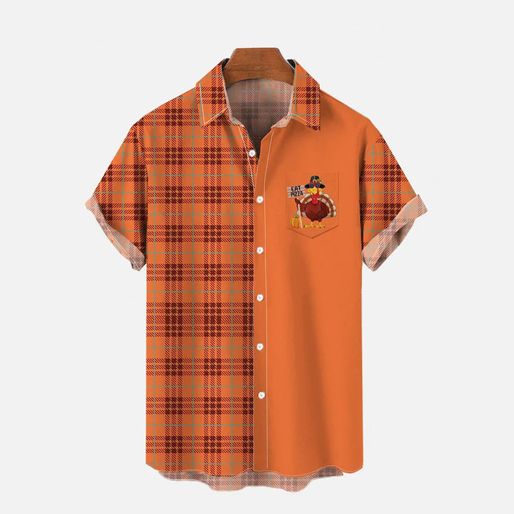 Classic Orange Plaid Thanksgiving Turkey Print Chest Pocket Short Sleeve Shirt