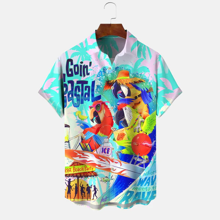 Parrot Beach Coconut Tree Button Pocket Leisure Vacation Shirt