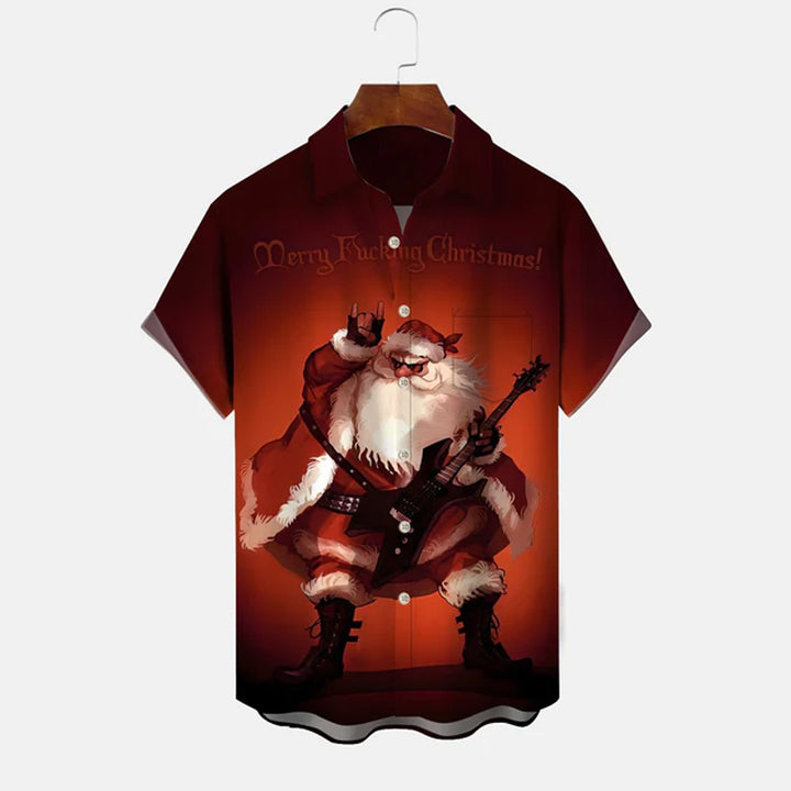 Christmas Santa Claus Music Button Pocket Casual Short Sleeve Shirt