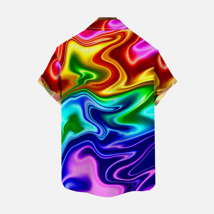 Neon Metallic Rainbow Background Print Chest Pocket Short Sleeve Shirt