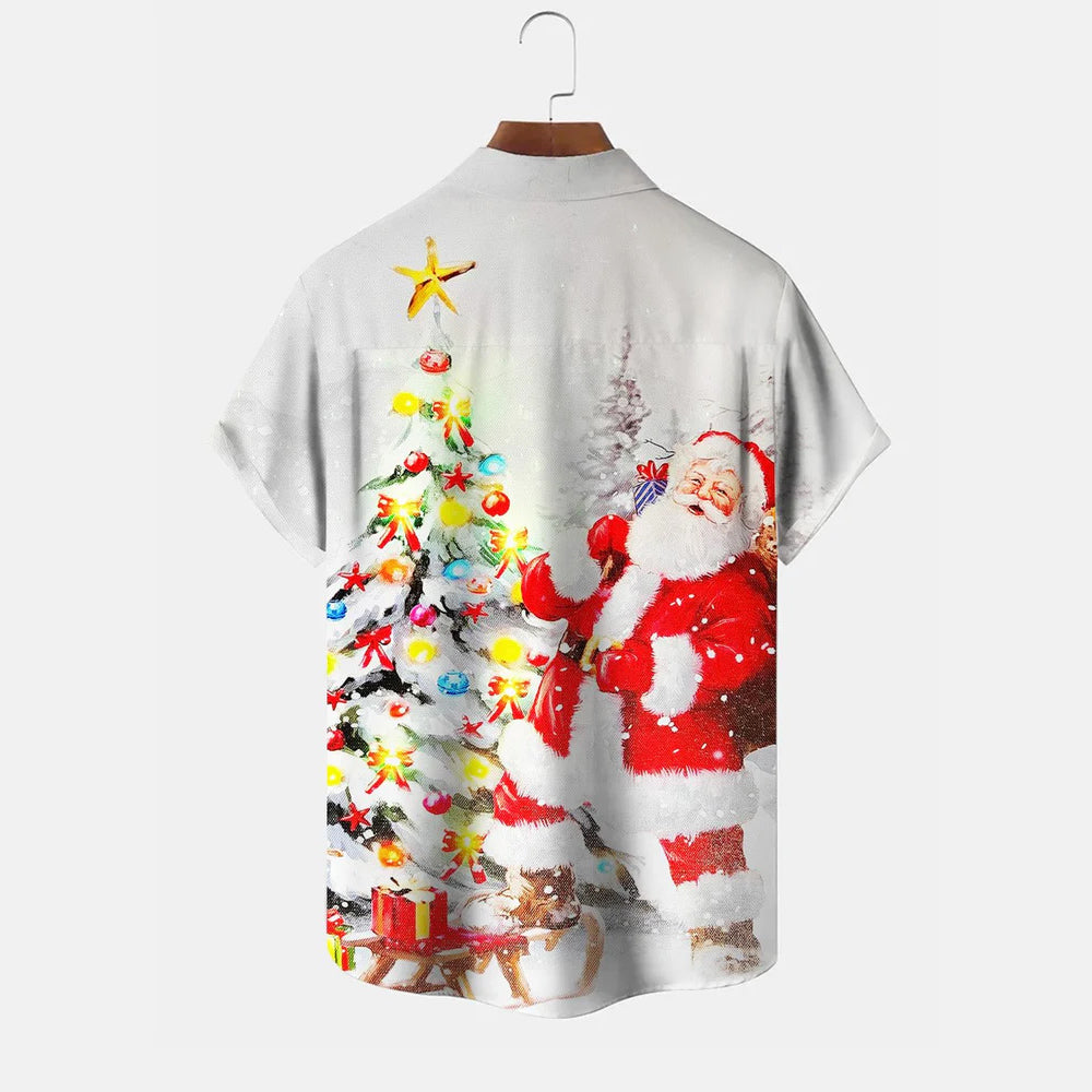 Christmas Christmas Tree Holiday Button Pocket Short Sleeve Shirt