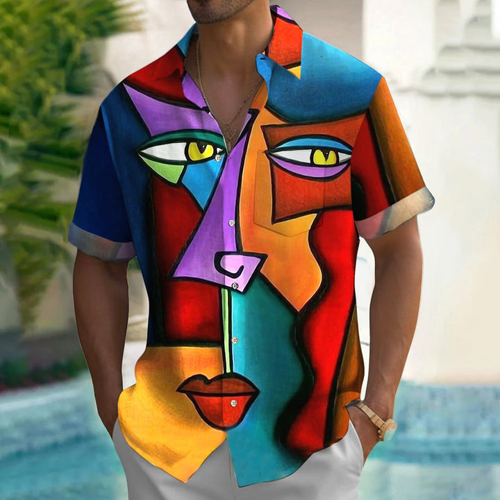 Geometric Abstract Art Print Large Slub Linen Short Sleeve Shirt 2407003297