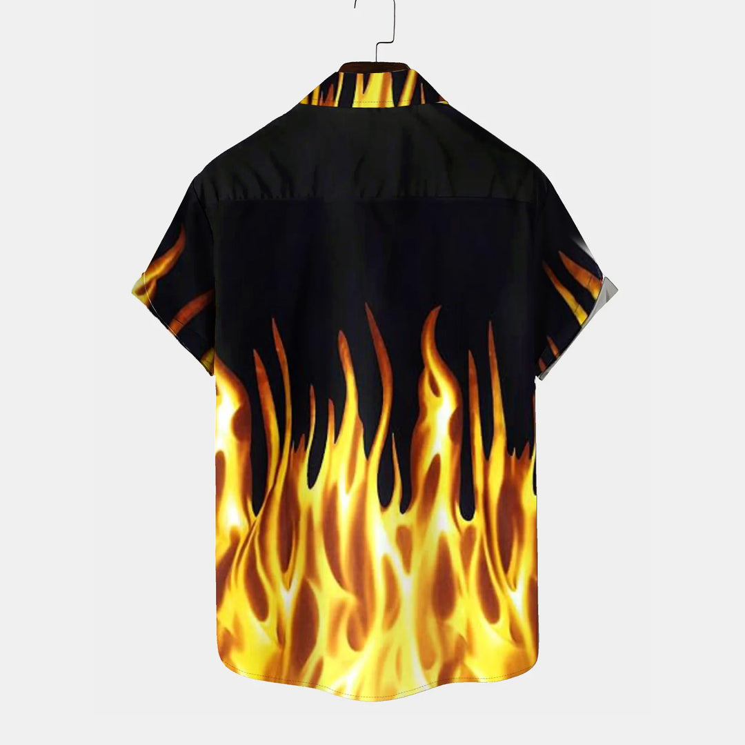 Retro Flame Print Casual Large Size Short Sleeve Shirt