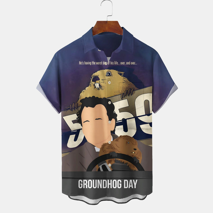 Groundhog Day Cartoon Print Men's Chest Pocket Stretch Hawaiian Shirt