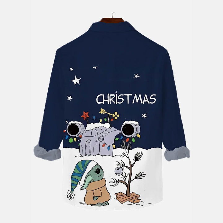 Cartoon Space War Elf Christmas Tree And Spaceship Printing Long Sleeve Shirt