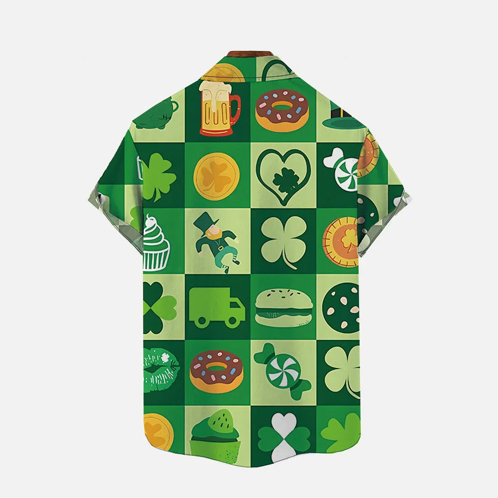 St. Patrick's Day Green Four-Leaf Clover and Gold Coin Print Shirt