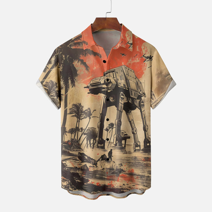 Space War Print Casual Large Size Short-Sleeved Shirt