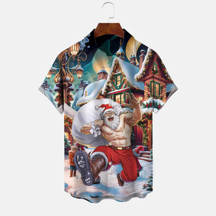 Christmas Santa Claus Snowman Button Pocket Casual Short Sleeve Shirt