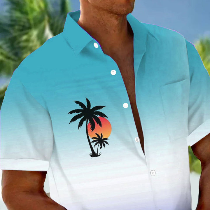 Hawaiian Coconut Tree Gradient 3D Print Bamboo Linen Short Sleeve Shirt