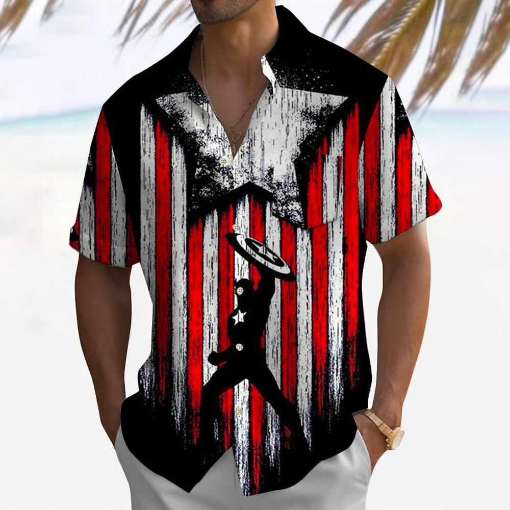 Men's American Hero Print Large Slub Linen Short Sleeve Shirt