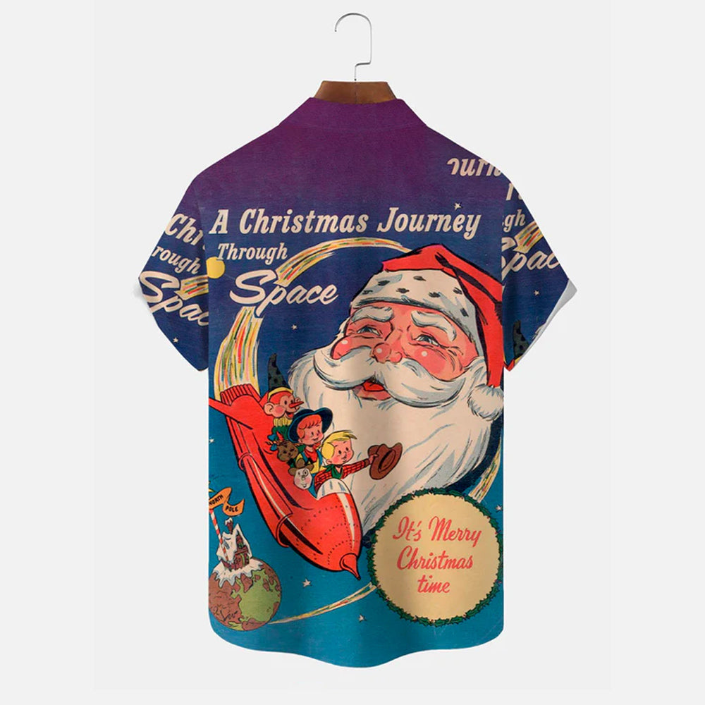 Christmas Retro Poster Print Men's Button Pocket Short Sleeve Shirt