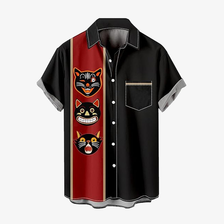 Cat Stripe Print Bowling Shirt Short Sleeve Shirt