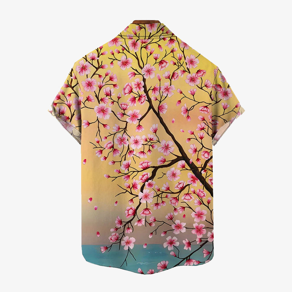 Peach Blossom Lake Large Size Bamboo Linen Short Sleeve Shirt